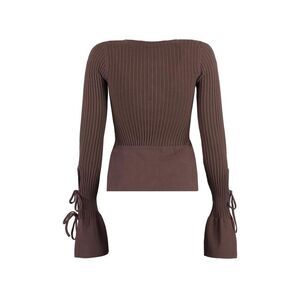 ANDREADAMO Ribbed Knit Long Sleeve Top with Tie Detail Cuffs Women BROWN